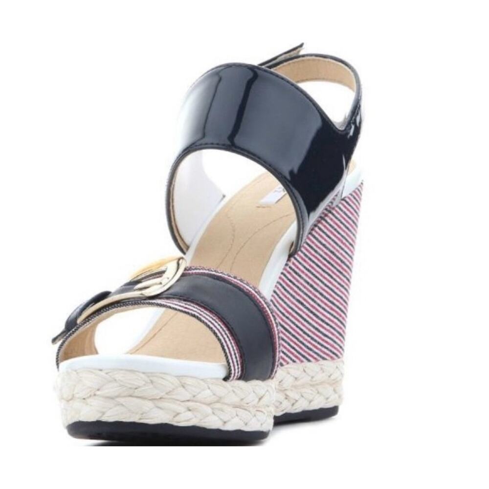 Geox Respira Janira Blue Patent Nautical Wedge Sandals NIB Size 9